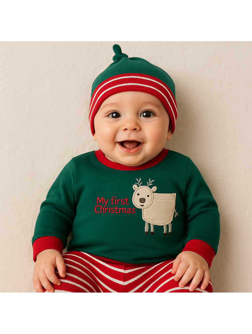 Little Me Boys Jogger Set "My First Christmas" Reindeer 3 pc With Hat 3 Months